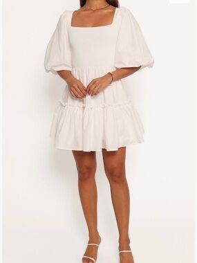 Petal & Pup White Puff-Sleeve Tiered Mini Dress